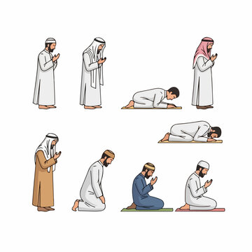 Illustrations of Muslim men demonstrating various postures of the daily Islamic prayer (Salah).