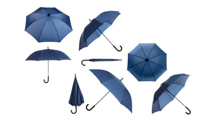 a comprehensive collection of various dark blue umbrellas displayed from multiple angles, including open and closed states. © AbdulWaheed
