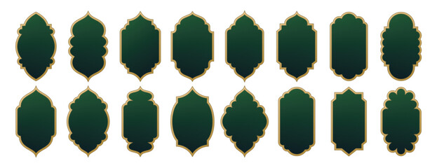 set of vintage golden frames with dark green fill for design premium islamic labels, arabian banner, and mosque windows
