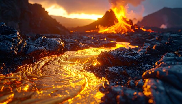 A stream of molten lava flows through a rugged, rocky landscape