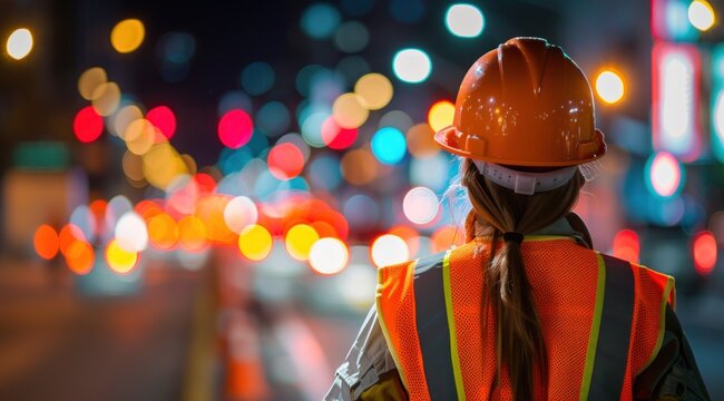 Worker in hard hat and safety vest from behind, gazing at vibrant city bokeh at night