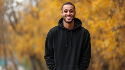 mixed race man front facing with plain black hoodie, mock up style, with fall forest smiling
