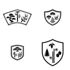 Traditional Japanese botanical shield emblems featuring bonsai, bamboo and plum blossom badges
