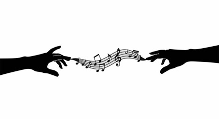 Two silhouetted hands reaching towards each other with musical notes flowing between them.