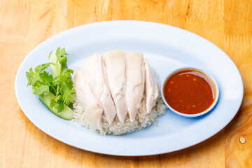 Thai Hainanese Chicken Rice with Crispy Chicken and Dipping Sauce
