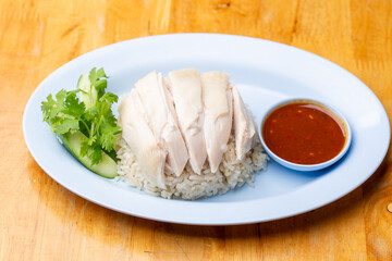 Thai Hainanese Chicken Rice with Crispy Chicken and Dipping Sauce