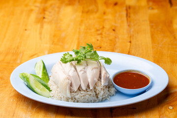 Thai Hainanese Chicken Rice with Crispy Chicken and Dipping Sauce