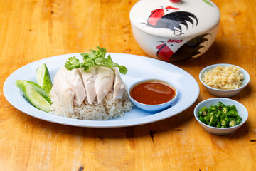 Thai Hainanese Chicken Rice with Crispy Chicken and Dipping Sauce