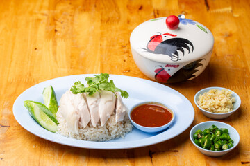 Thai Hainanese Chicken Rice with Crispy Chicken and Dipping Sauce