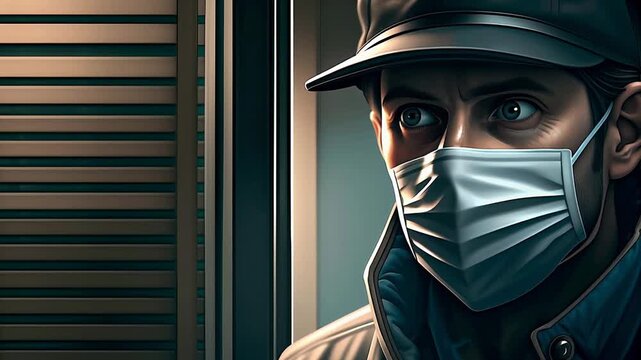 Electronic skeleton mask on man walking in building concept. Close up of a man wearing a protective face mask and cap looking outside with intense eyes