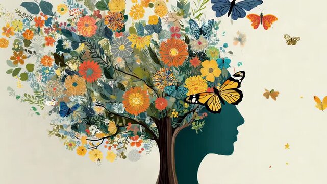 Woman silhouette with mind tree blooming flowers and butterflies, positive thinking and self care mental health concept, surreal nature illustration on clean background
