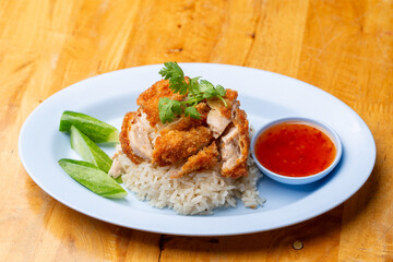 Thai Hainanese Chicken Rice with Crispy Chicken and Dipping Sauce
