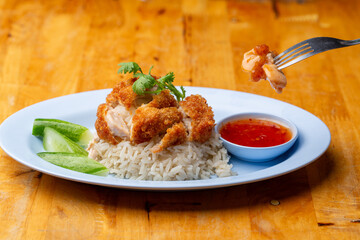 Thai Hainanese Chicken Rice with Crispy Chicken and Dipping Sauce