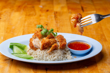 Thai Hainanese Chicken Rice with Crispy Chicken and Dipping Sauce