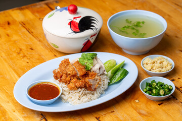 Thai Hainanese Chicken Rice with Crispy Chicken and Dipping Sauce