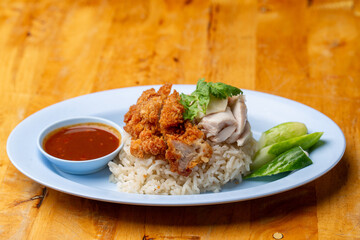Thai Hainanese Chicken Rice with Crispy Chicken and Dipping Sauce