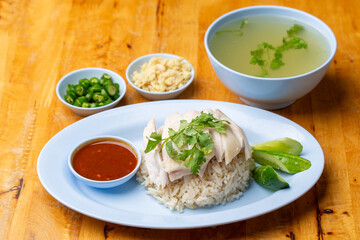 Thai Hainanese Chicken Rice with Crispy Chicken and Dipping Sauce
