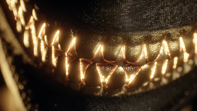 Electronic skeleton mask on man walking in building concept. Close up of sharp metal teeth with glowing light in dark mysterious setting