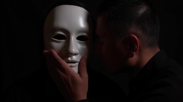 Electronic skeleton mask on man walking in building concept. Man wearing a white expressionless mask with a dark mysterious background concept of anonymity and hidden identity