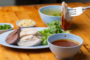 Thai Hainanese Chicken Rice with Crispy Chicken and Dipping Sauce