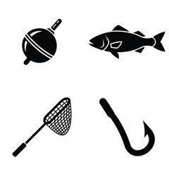 Black and white vector icon set of fishing gear including bobber, fish, net and hook.