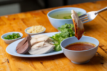 Thai Hainanese Chicken Rice with Crispy Chicken and Dipping Sauce