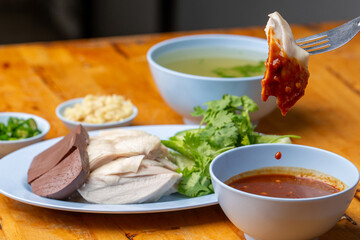 Thai Hainanese Chicken Rice with Crispy Chicken and Dipping Sauce
