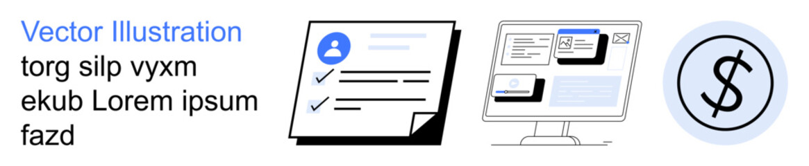 Fototapeta premium Identity verification, financial transactions, data security, digital platforms, authentication, online services. Documents, computer screen and dollar symbol. Identity verification and financial