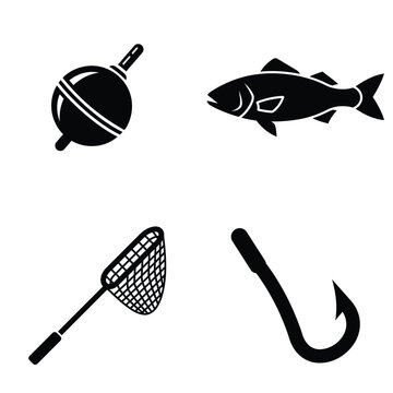 Black and white vector icon set of fishing gear including bobber, fish, net and hook.
