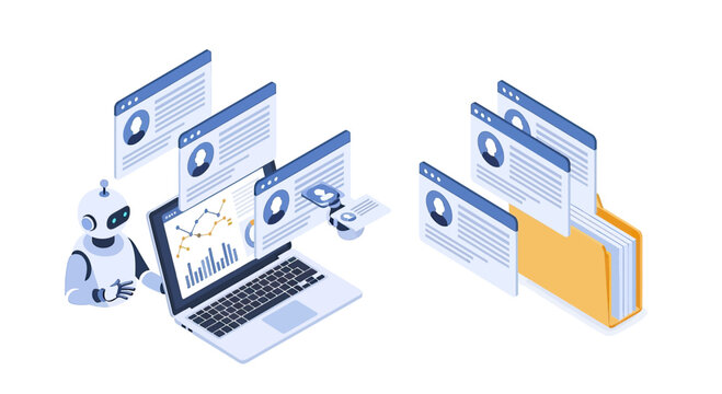 AI Robot and Laptop with Data Analysis and Document Management.