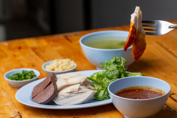 Thai Hainanese Chicken Rice with Crispy Chicken and Dipping Sauce