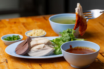 Thai Hainanese Chicken Rice with Crispy Chicken and Dipping Sauce