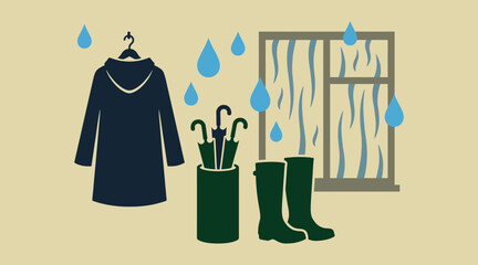 Rainy weather vector illustration with hanging raincoat, umbrella stand and rubber boots.