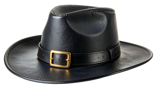 A glossy black leather hat with a buckle closure and stitched detailing, isolated