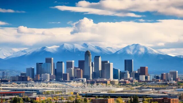 Modern city skyline with snowy mountain backdrop
