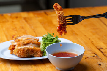 Thai Hainanese Chicken Rice with Crispy Chicken and Dipping Sauce