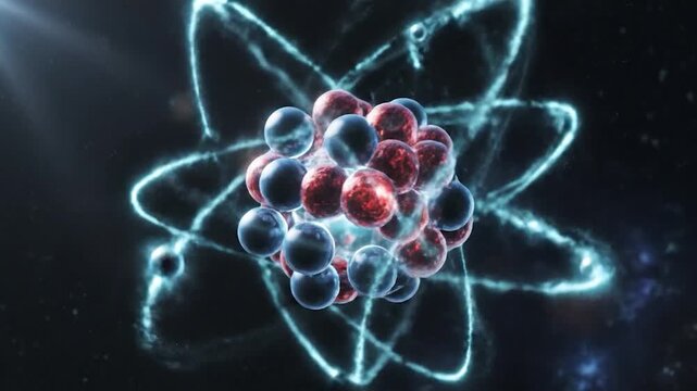 A glowing atomic nucleus with electrons orbiting in deep space.
