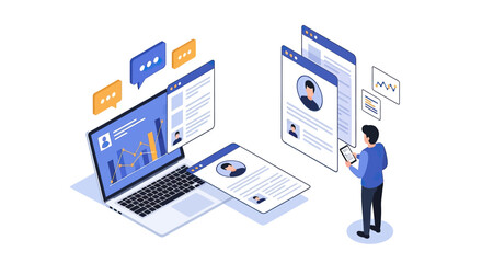 Isometric illustration of a person managing data and profiles on a laptop and documents.