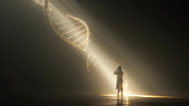 A person is standing in front of a DNA strand. The image has a mysterious and scientific. Minimal cinematic of a DNA helix casting light onto a human silhouette, knowledge and potential metaphor