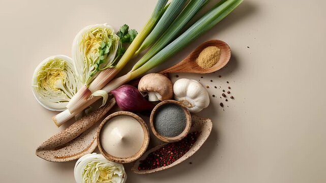 A variety of spices and vegetables are laid out on a table. The spices include salt, pepper. Minimalist arrangement of plant-based foods on a neutral background, clean and modern nutrition editorial 