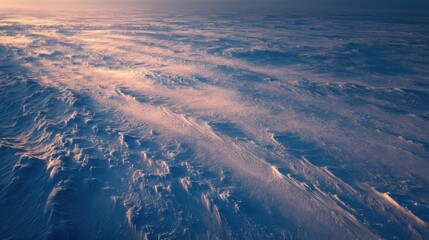 Frozen tundra plains at twilight, with delicate snowdrift patterns and long, soft shadows, minimalist Arctic landscape
