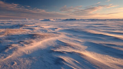 Frozen tundra plains at twilight, with delicate snowdrift patterns and long, soft shadows, minimalist Arctic landscape
