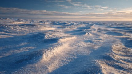 Frozen tundra plains at twilight, with delicate snowdrift patterns and long, soft shadows, minimalist Arctic landscape
