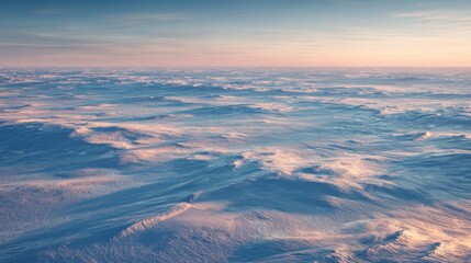 Frozen tundra plains at twilight, with delicate snowdrift patterns and long, soft shadows, minimalist Arctic landscape
