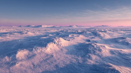 Frozen tundra plains at twilight, with delicate snowdrift patterns and long, soft shadows, minimalist Arctic landscape
