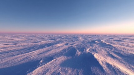 Frozen tundra plains at twilight, with delicate snowdrift patterns and long, soft shadows, minimalist Arctic landscape
