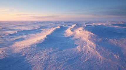 Frozen tundra plains at twilight, with delicate snowdrift patterns and long, soft shadows, minimalist Arctic landscape
