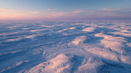 Frozen tundra plains at twilight, with delicate snowdrift patterns and long, soft shadows, minimalist Arctic landscape

