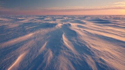 Frozen tundra plains at twilight, with delicate snowdrift patterns and long, soft shadows, minimalist Arctic landscape
