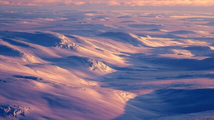 Frozen tundra plains at twilight, with delicate snowdrift patterns and long, soft shadows, minimalist Arctic landscape
